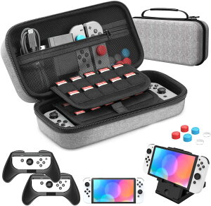 即納 任天堂 Nintendo Switch 有機ELモデル 対応 ケース カバー グレー 衝撃吸収 保護カバー あつ森 カード20枚収納 スタンド 親指キャップ 大容量 全面保護