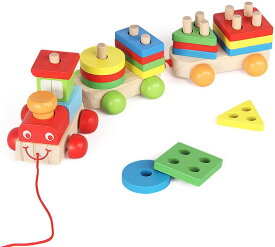 木製 パズル プルトイ 列車 セット 引っ張る車 引っ張るおもちゃ 型はめおもちゃ 男の子 女の子 カラフル