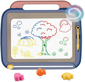 大画面（41*35cm）持ち手付お絵かきボード 3個マグネットスタンプ付属 4色 磁石ボード らくがき 描いて消して 楽しくおえかき 何度でも描ける 知育玩具