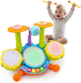 ベビーおもちゃ 12~18か月 キッズドラムセット ミュージカル玩具 1 2 3歳 誕生日 早期教育玩具 男の子 女の子 ドラムセット 幼児 1~3歳 マイクライト音楽付き