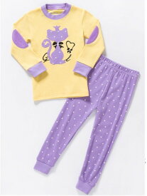 子供服激安　メール便送料無料　女の子パジャマ　綿100％　かわいい　CAT ネコ柄　猫柄　長袖Tシャツ　ロングパンツセット　女の子　キッズ　子ども　子供　パジャマ　寝巻き　黄色・紫色