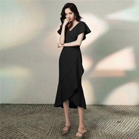 【送料無料】結婚式お呼ばれ 二次会演出司会 ミディアムドレス ミディアム丈 ミデイアム丈 パーティードレス 二次会ドレス 袖あり 半袖