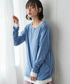 ＼クーポン有／トップス 大きいサイズ シャーリング使い重ね着風ロング丈Tシャツ レディース シンプル 無地 ベーシック 重ね着 オールシーズン 体型カバー ゆったり L LL 3L 4L 5L 6L 8L 10L 春 秋 冬 低価格 プチプラあったか防寒 ぽっちゃり