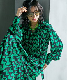 ワンピース 大きいサイズ ハートプリントボウタイロングワンピース GEVS. レディース 20代 30代 40代 50代 春 夏 秋 冬 オールシーズン お出かけ レイヤード カジュアル ハート柄 大人 ワンピ 体型カバー スマイルランド smileland