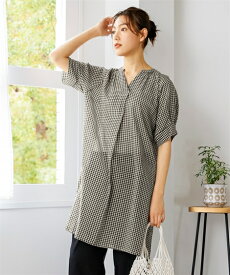 ＼クーポン有／トップス 大きいサイズ　綿混涼やか5分袖バンドカラーシャツチュニック（透け素材）レディース 春夏秋 体型カバー 無地 カジュアル プチプラ 低価格 30代 40代 50代