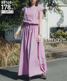 ＼クーポン有／ワンピース 高身長　ウエストギャザーフレンチスリーブマキシワンピース　（トールサイズ）Essenave 無地 ベーシック トールサイズ 丈長 マキシ 春夏秋 20代 30代 40代