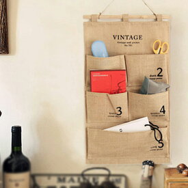 【12/6(土)12:00〜 楽天スーパーセール！ 12時間限定全品5％OFFクーポン配布中】ヴィンテージ風 ウォールポケット 数字 / 壁掛け 5ポケット 生活 雑貨 インテリア 収納 ポリエチレン加工 防水 天然 麻素材 ナチュラル シンプル 状差し 手紙 ハガキ 筆記用具 レターケー
