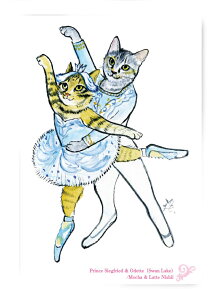 B0061 猫ポストカード アートボードバレリーニャ【Prince Siegfried & Odette (Swan Lake)】北田浩子