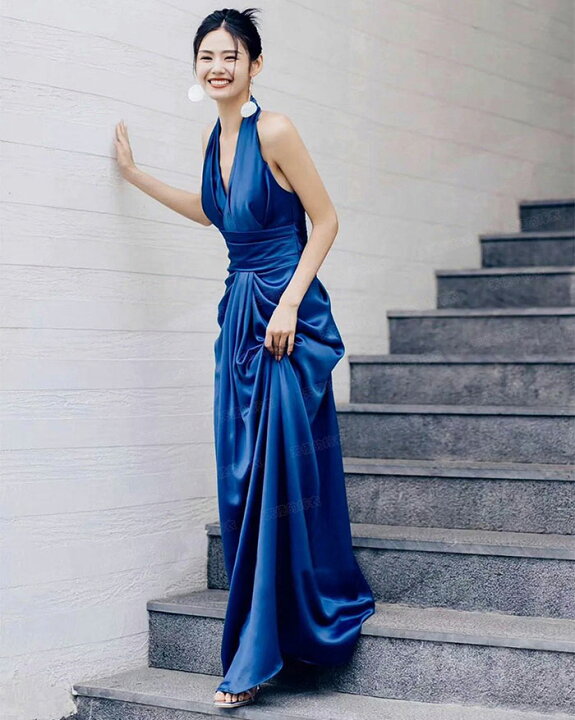 楽天市場】パーティードレス ロング カラードレス 藍色 青色 空色  