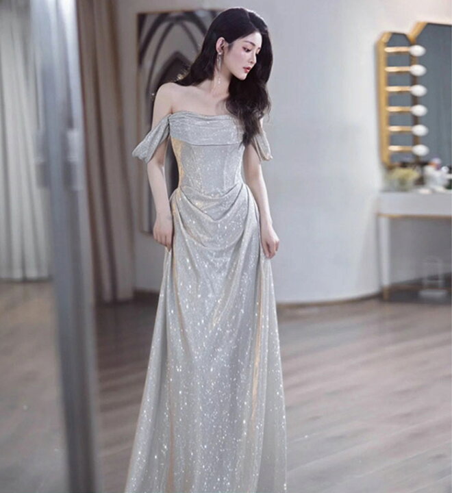 楽天市場】パーティードレス ロング カラードレス シルバーグレー  