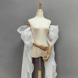 パフスリープ 付け袖 長いリボン オーガンジー 二の腕カバー アームカバー ボレロ 羽織り ケーブル ショール パーティードレス用 ウェディングドレス用 ワンピース用 ブラック/ホワイト 披