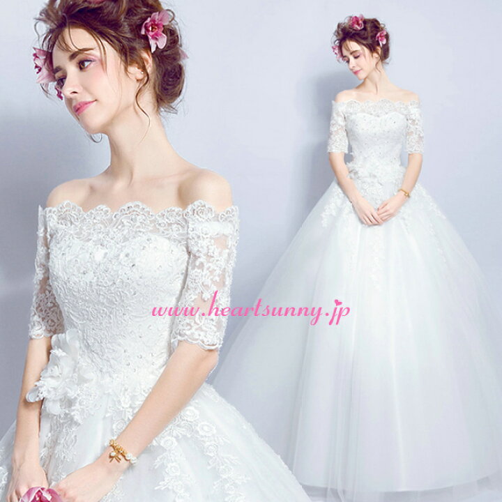 楽天市場】ウェディングドレス Aライン 透明感レースオフショルダー 5  