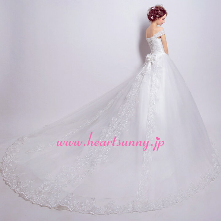 楽天市場 ウェディングドレス Aライン ロングトレーン オフショルダー レース リボン Heartsunny E061 サイズ オーダーメイド 結婚式 披露宴 二次会 大きいサイズ 小さいサイズ ロングウエディングドレス パーティードレス ブライダル 花嫁 格安 激安 スマイルデ