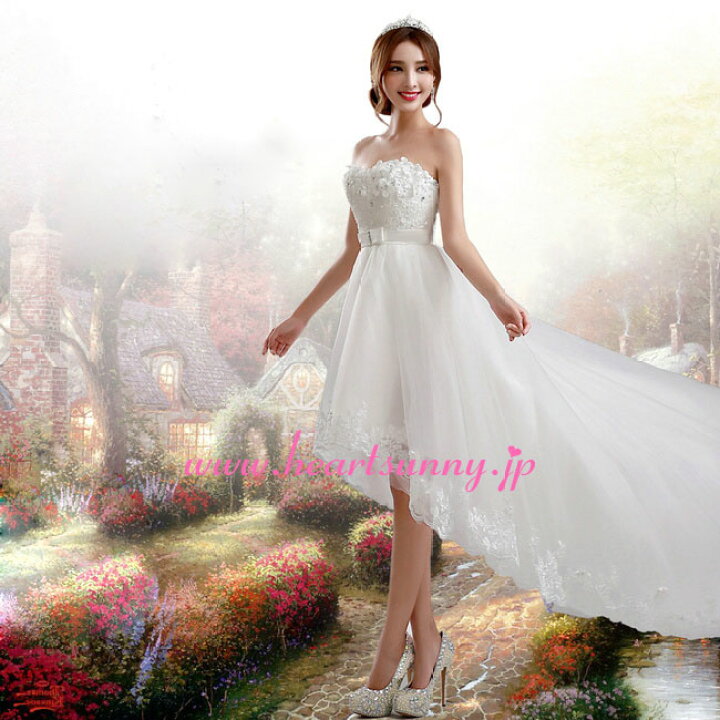 楽天市場】ウェディングドレス ミニ丈☆E283☆トレーンのあるハイロー  