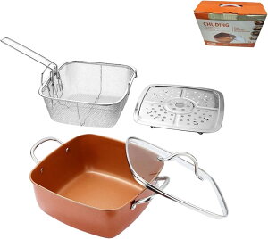 スクエア型揚げ鍋 大容量 天ぷら鍋 四角 焦げ付き防止 アルミ製 油水分離 揚げ物調理 蒸し器対応 家庭用 24cm(電磁調理器専用)