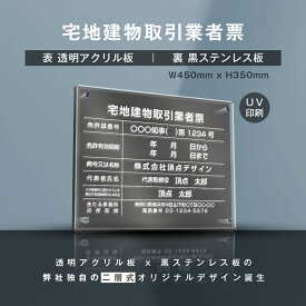 【スマイル】宅地建物取引業者票【W式プレート　透明アクリル×黒ステンレス】 W45cm×H35cm 業者票 許可票 法定看板 お洒落な二層式 法定サイズ UV印刷加工 宅建 業者票 許可書 事務所 法定看板 看板 短納期で発送 ［gs-pl-tr-t-black］