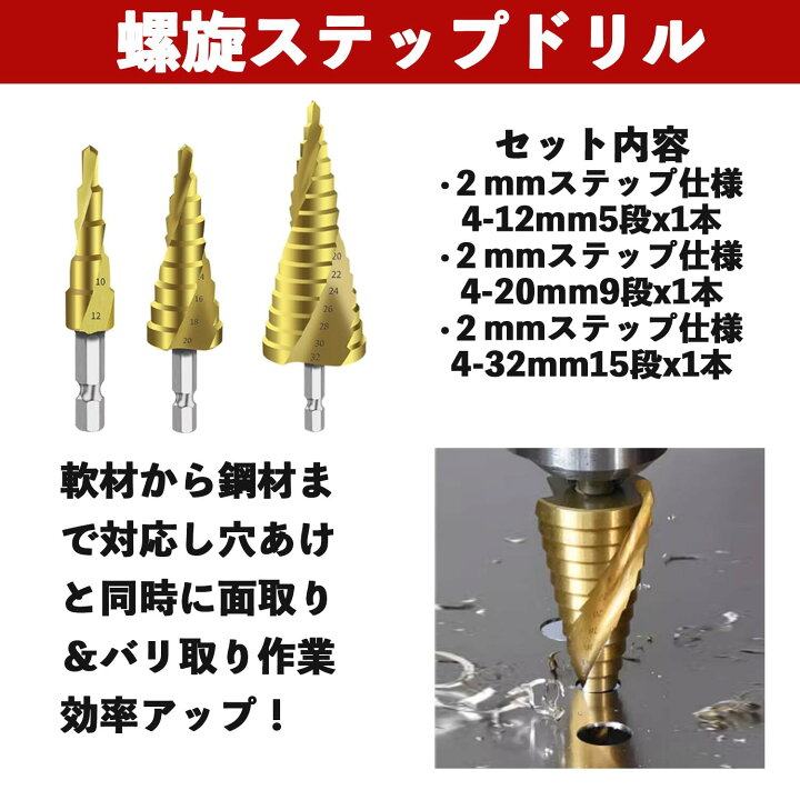 楽天市場】ステップドリル 3本セット タケノコドリル スパイラルドリル 