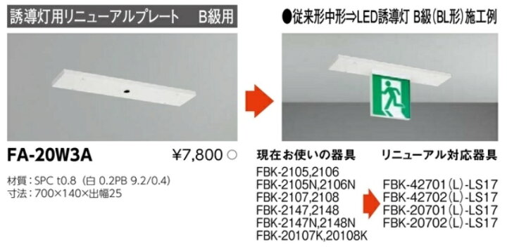 楽天市場】誘導灯 リニューアルプレート部品 東芝ライテック FA-20W3A 