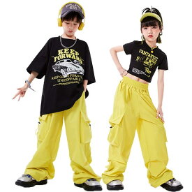 キッズ ダンス衣装 イエロー プリント カーゴパンツ セットアップ ヒップホップ 子供服 男の子 女の子 tシャツ 黒 半袖 プリント 車 ゆったり ショート丈 パンツ ロング丈 段袋 シンプル系 ロック風 ストリートダンス 舞台 演出用 おしゃれ カッコイイ ハイキートーン