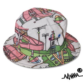 ARAINA デザイン・バケットハット ウォータースライダー ピンク ホワイト 帽子 サファリハット イラスト柄