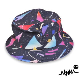 ARAINA デザイン・バケットハット 宇宙 スペーステクノ Space techno ブラック 帽子 幾何学模様 イラスト 総柄 個性派デザイン