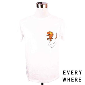 デザインTシャツ EVERY WHERE 恐竜 ティラノサウルス ポケット ワンポイント 白 White Tシャツ プリントTシャツ 個性的 男女兼用 S M L XL タイト オーバーサイズ