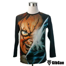 デザインロングTシャツ GibGae Chucky チャッキー 映画Tシャツ チャイルド・プレイ チャッキー ホラー キャラクター ロンT プリントTシャツ 男女兼用 サイズM＆L