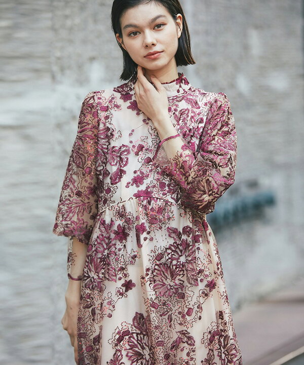 楽天市場】刺繍＆スパンコールつきボリューム袖レースドレス  