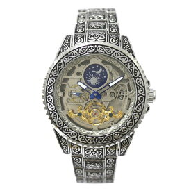 自動巻き腕時計 ATW045 ヴィンテージ彫刻デザイン サン＆ムーン表示 スケルトン メタルベルト 手巻き時計 機械式腕時計 メンズ腕時計 送料無料