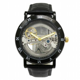 自動巻き腕時計 シンプル機能のフルスケルトンデザイン ブラックケース 革ベルト 機械式腕時計 WSA001-BKS メンズ腕時計 送料無料