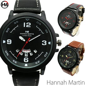 曜日カレンダー付 スタイリッシュなデザイン ブラックケース HM002 Hannah Martin メンズ 腕時計 メンズ腕時計