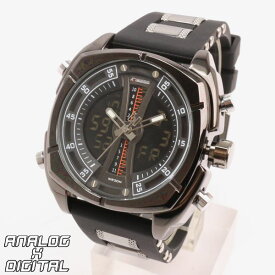 デュアルタイム アナデジ腕時計 HPFS9501-BKBK アナログ&デジタル ダイバーズウォッチ風 3気圧防水 クロノグラフ トリプルカレンダー メンズ腕時計 送料無料
