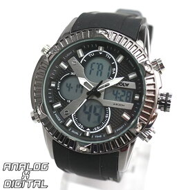 デュアルタイム アナデジ腕時計 HPFS9908-BKBK アナログ&デジタル ダイバーズウォッチ風 3気圧防水 クロノグラフ トリプルカレンダー メンズ腕時計 送料無料