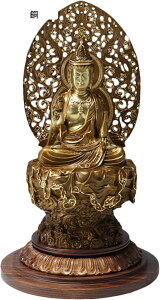 仏像 仏壇仏像 観音菩薩 観音像 銅製 置物 飛天光背 八角台座 祈る 厄除け(高さ32cm×巾18cm×奥行16.5cm) (銅)