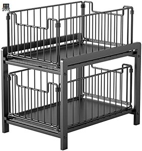 シンク下収納ラック 2段 メッシュラック キッチンラック スライドラック 調味料入れ キッチン 卓上整理ラック 耐荷重25Kg 38.5*26*37cm 黒