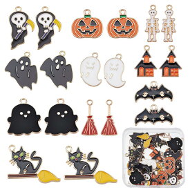 40個10種 ハロウィン チャーム カボチャ エナメル 蝙蝠 鬼 骨 猫 ムーン ピアス ネコ 月 イヤリング 城 ミイラ ネックレス スカル 幽霊 ブレスレット 南瓜 ゆうれい キーホルダー ねこ 箒 お部