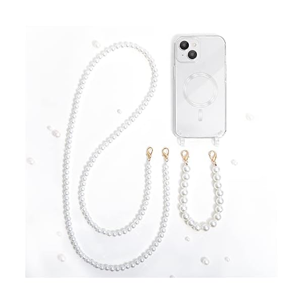 iPhone 13 真珠チェーン透明ケース一長一短二本真珠ネックストラップスマートフォンシリコンマグネットケース斜め斜めケースです