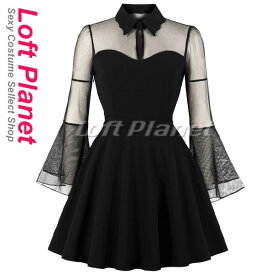 ゴシック・ドレス シースルー・メッシュのフレア・スリーブ ハロウィン仮装・コスプレ衣装 可愛いレディース・コスチューム 黒 特大サイズあり M1-N17976