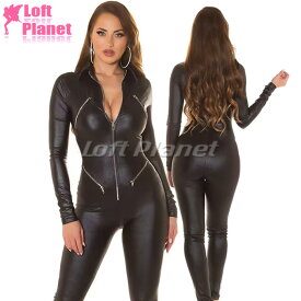 キャットスーツ ボンテージ レザー調 ストレッチ ジッパー スポーツ スーツ ボンデージ セクシー コスチューム レディース 黒 AE241111B