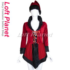 サンタのクリスマス衣装 セクシーな編み上げガウンのドレス ベロア コスプレ レディース コスチューム 2点セット 赤黒 PG-M1139