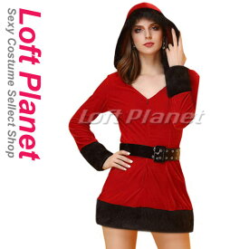 サンタ衣装 クリスマスのフード付セクシーミニドレス レディース・コスチューム ベルト付2点セット 赤＆黒 フリーサイズ M1-XT3098_rev-F