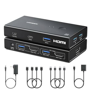UGREEN HDMI KVM�؂�ւ��@ 2����1�o�� 4K@60Hz 1���j�^�[��2PC 4*USB3.0 �|�[�g 2���PC�̂ŃL�[�{�[�h�A