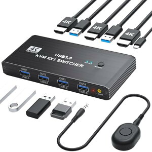 KVM�X�C�b�` HDMI 2����1�o��4K@60Hz USB 3.0 KVM �ؑ֊�p�\�R��2�䃂�j�^�[1��؂�ւ� �p�\�R���ؑ֊�ɂ�4�{US