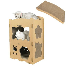 【RAKU】新型猫用爪とぎ 天板2枚付き キャットハウス キャットタワー ダンボールハウス 爪とぎ兼ベッド 猫箱 二階 組み立て式 高密度段ボー
