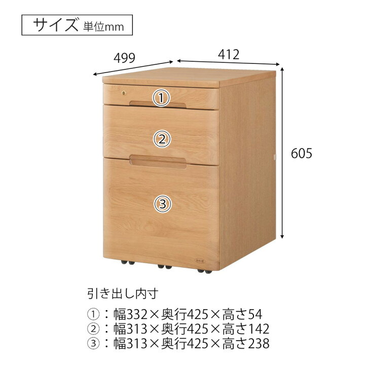 楽天市場】浜本工芸 ワゴン No.09移動袖A 引き出し3杯 スライドレール 