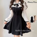 送料無料 ラッフルレースカラーワンピース 無地 ミニ丈 コンビ 配色 バイカラー 襟 フリルカラー タイト フレア 秋冬 春 長袖ワンピ 伸縮 シアー 透け 量産型 大きい襟 ワンピ ワンピース OP 異素材 SneepDip 韓国ワンピ 長袖 ティーン ラッフル レース ドッキング リボン