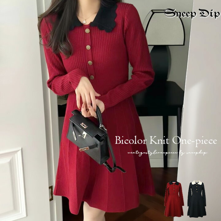 楽天市場】バイカラーニットワンピース ワンピース ワンピ ひざ丈  