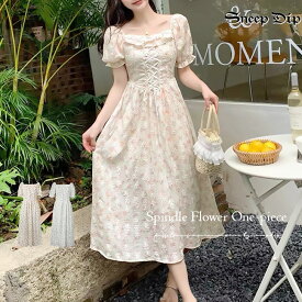 送料無料 レースアップフラワーロングワンピース ワンピ ワンピース ロング丈 ミモレ丈 リボンワンピ 花柄 フラワー レースアップ 編み フレア シャーリング フレンチガーリー かわいい 半袖 春夏 カジュアル リゾート異素材 スクエアネック フェミニン レース パフスリーブ