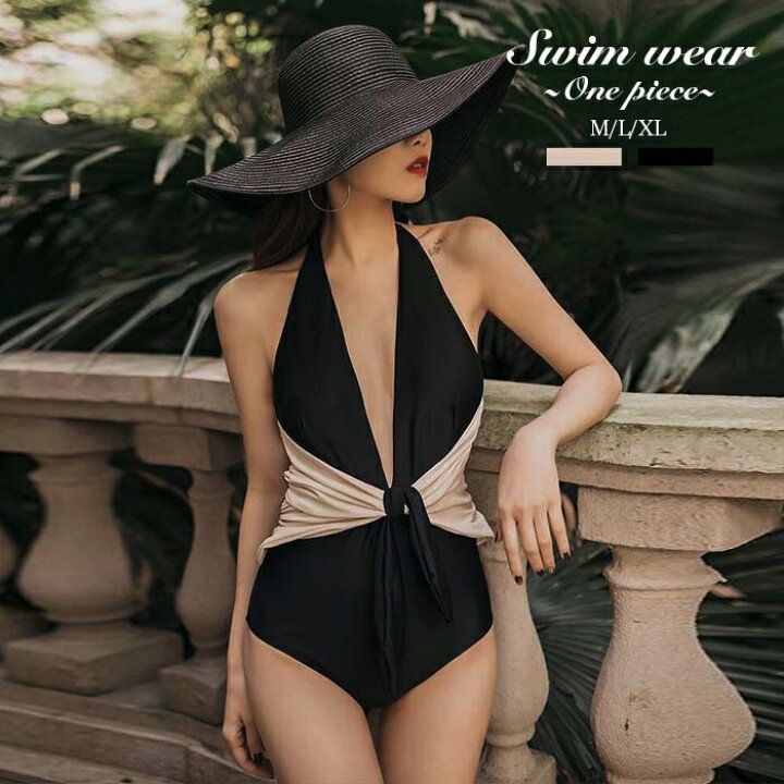 楽天市場 水着 ワンピース ホルターネック オープンバック ギャザー リボン バックシャン 背中開き 体型カバー セクシー レディース エレガント Mlxl Sno 楽天市場店