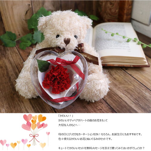楽天市場 母の日 21 くま テディベア セット プレゼント ギフト 花 プリザーブドフラワー カーネーション ぬいぐるみ テディベア かわいい 彼女 女の子 妻 赤いバラ 1輪 おしゃれ 21 サンタ 結婚記念日 誕生日 テディのハートの贈り物 花ギフト サンクスブーケ
